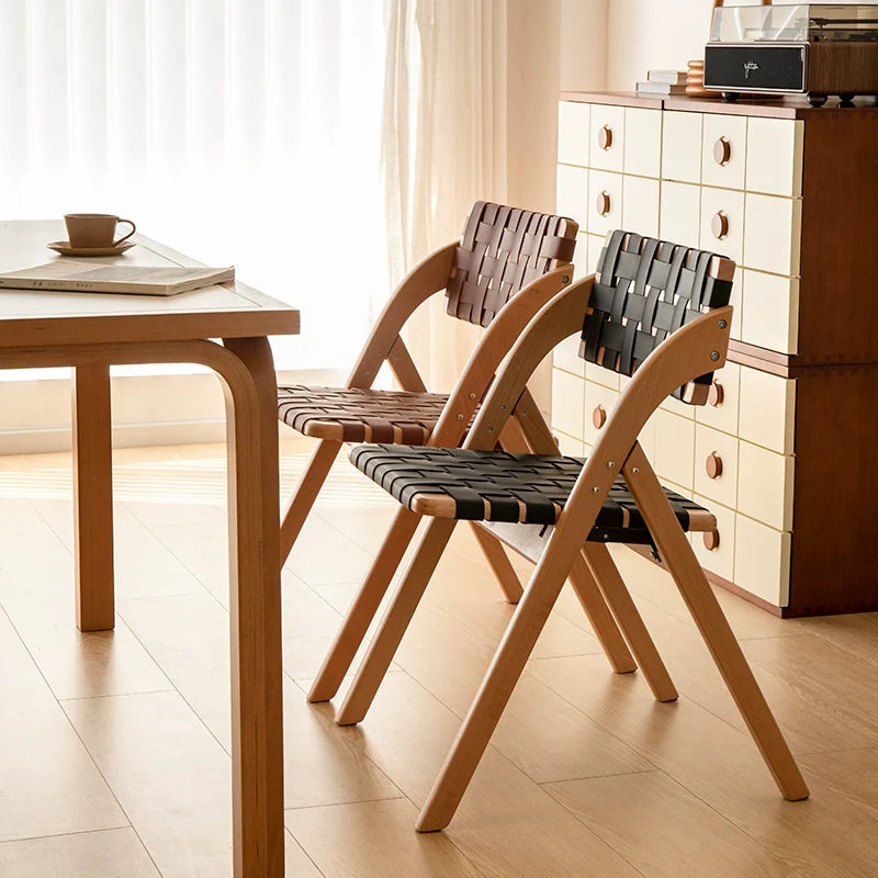 Modern Minimalist Square Rectangular Saddle Leather Rubberwood Foldable Dining Chair Backrest Armless For Dining Room & Kitchen