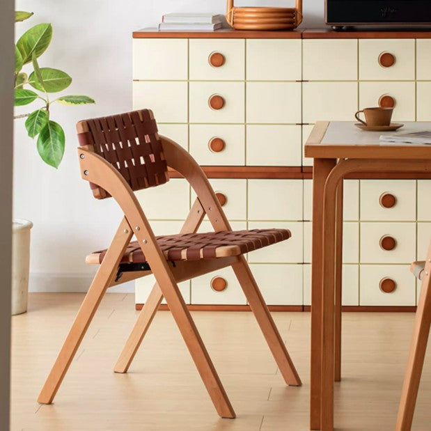 Modern Minimalist Square Rectangular Saddle Leather Rubberwood Foldable Dining Chair Backrest Armless For Dining Room & Kitchen