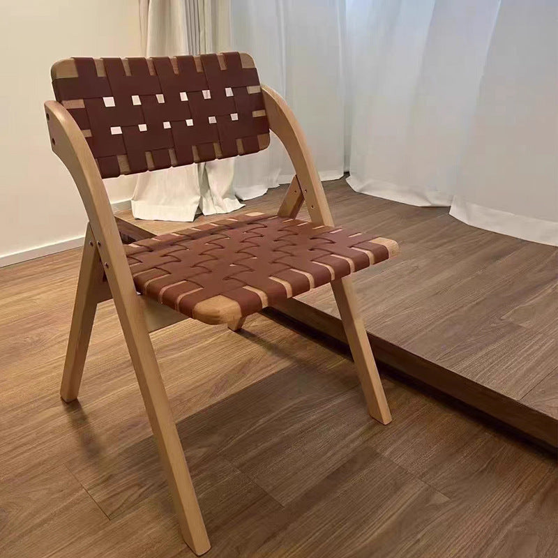Modern Minimalist Square Rectangular Saddle Leather Rubberwood Foldable Dining Chair Backrest Armless For Dining Room & Kitchen