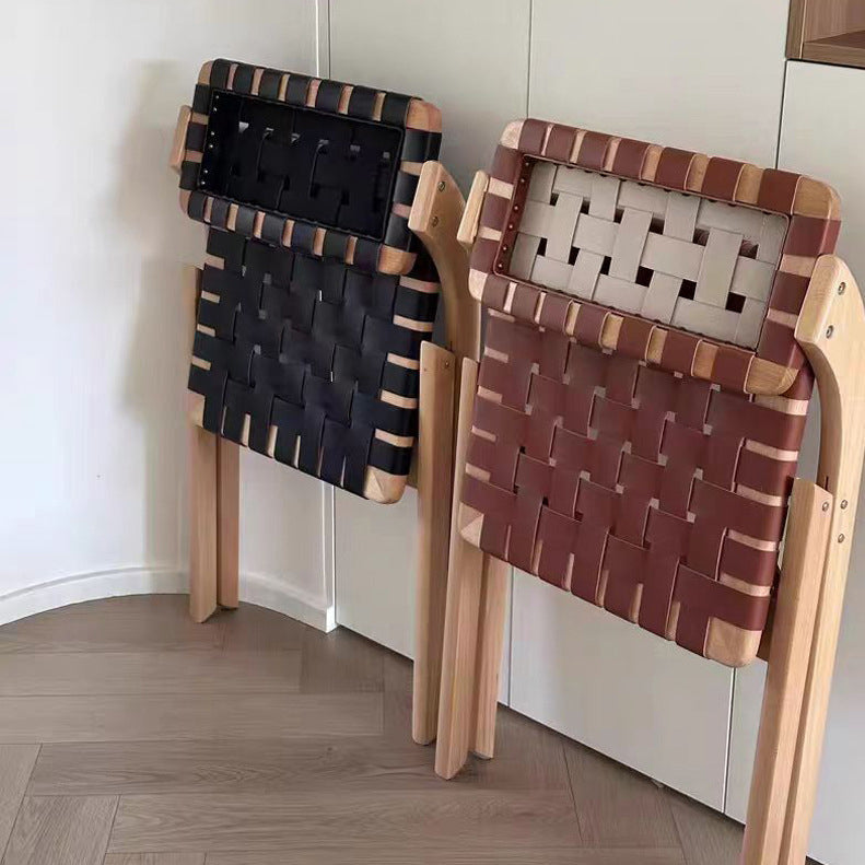 Modern Minimalist Square Rectangular Saddle Leather Rubberwood Foldable Dining Chair Backrest Armless For Dining Room & Kitchen