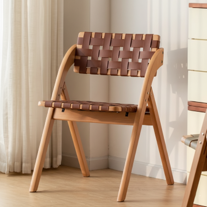 Modern Minimalist Square Rectangular Saddle Leather Rubberwood Foldable Dining Chair Backrest Armless For Dining Room & Kitchen