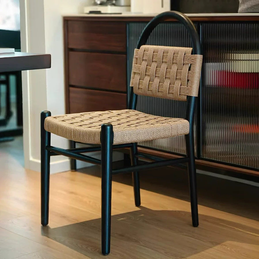 Contemporary Retro Square Rectangular Rubberwood Kraft Paper Rope Weaving Dining Chair Backrest Armless For Dining Room & Kitchen