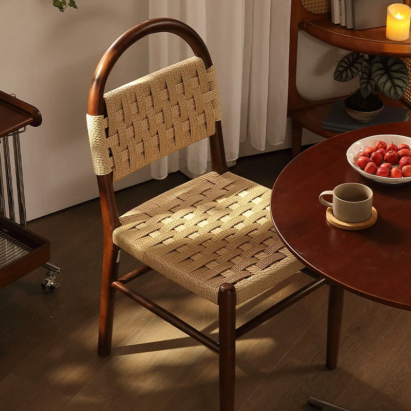 Contemporary Retro Square Rectangular Rubberwood Kraft Paper Rope Weaving Dining Chair Backrest Armless For Dining Room & Kitchen
