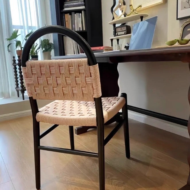Contemporary Retro Square Rectangular Rubberwood Kraft Paper Rope Weaving Dining Chair Backrest Armless For Dining Room & Kitchen