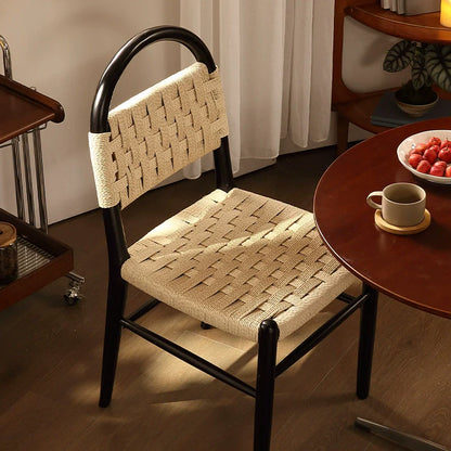 Contemporary Retro Square Rectangular Rubberwood Kraft Paper Rope Weaving Dining Chair Backrest Armless For Dining Room & Kitchen