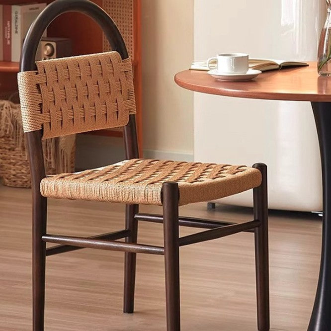 Contemporary Retro Square Rectangular Rubberwood Kraft Paper Rope Weaving Dining Chair Backrest Armless For Dining Room & Kitchen