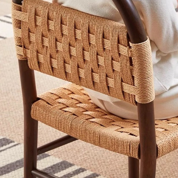 Contemporary Retro Square Rectangular Rubberwood Kraft Paper Rope Weaving Dining Chair Backrest Armless For Dining Room & Kitchen