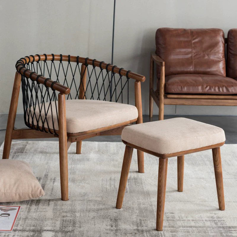 Modern Minimalist Square Rectangular Ash Wood Cotton-linen Accent Chair Backrest Armrest For Living Room