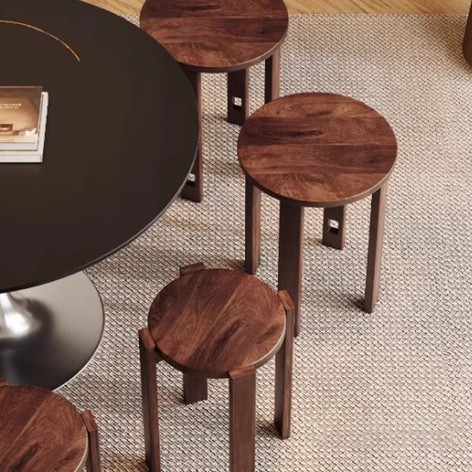 Traditional Chinese Round Rubberwood Storage Stackable Movable Low Stool Set For Living Room