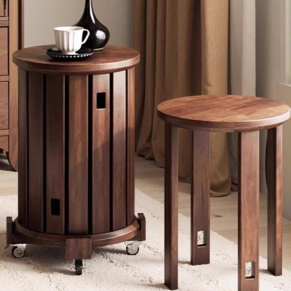 Traditional Chinese Round Rubberwood Storage Stackable Movable Low Stool Set For Living Room