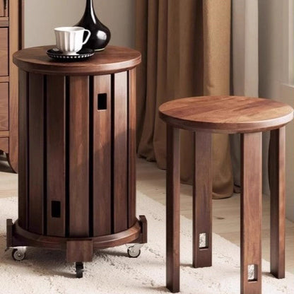 Traditional Chinese Round Rubberwood Storage Stackable Movable Low Stool Set For Living Room