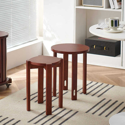 Traditional Chinese Round Rubberwood Storage Stackable Movable Low Stool Set For Living Room