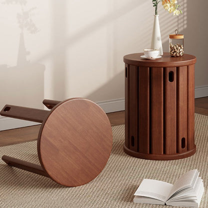 Traditional Chinese Round Rubberwood Storage Stackable Movable Low Stool Set For Living Room