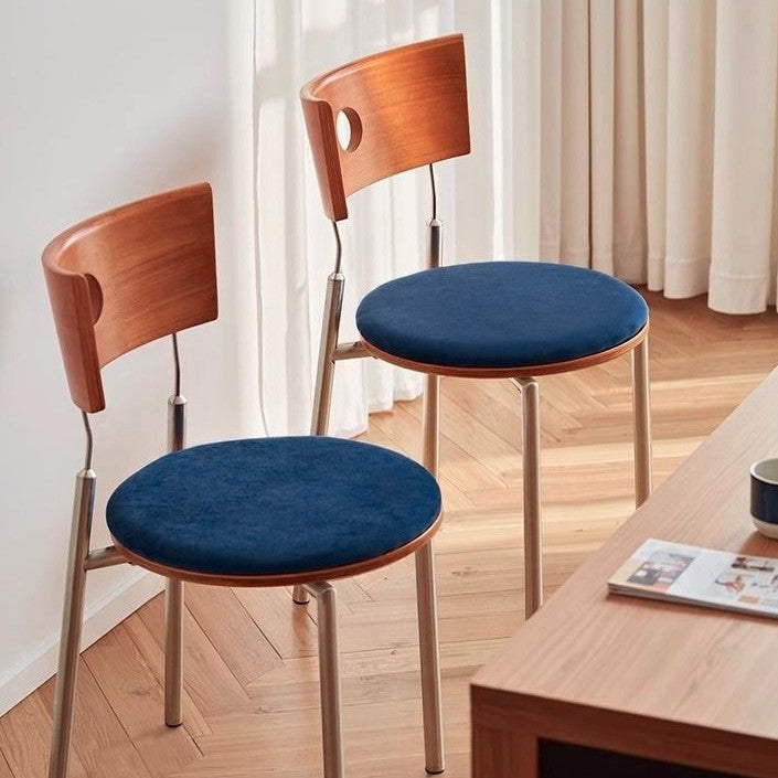 Contemporary Nordic Round Velvet Birch Wood Iron Dining Chair Backrest Armless For Dining Room & Kitchen