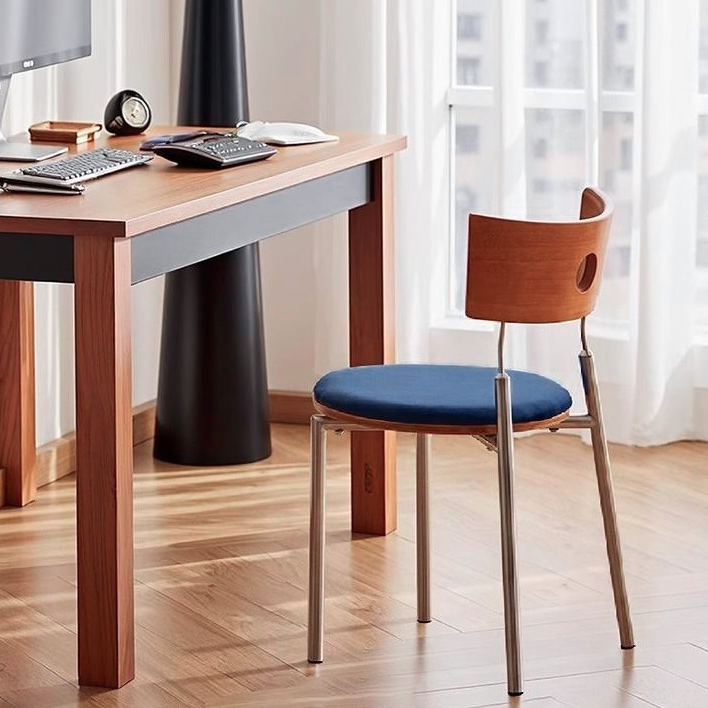 Contemporary Nordic Round Velvet Birch Wood Iron Dining Chair Backrest Armless For Dining Room & Kitchen