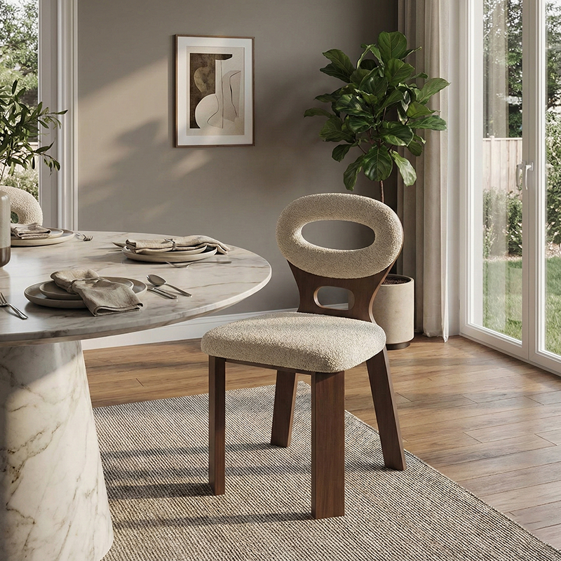 Contemporary Nordic Square Rectangular Lamb Fleece Walnut Solid Wood Dining Chair Backrest Armless For Dining Room & Kitchen