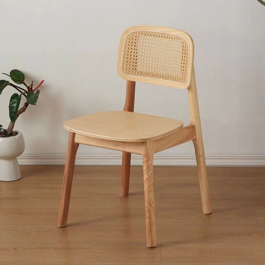 Traditional Japanese Square Rubberwood Nappa Leather Faux Rattan Weaving Dining Chair Backrest Armless For Dining Room & Kitchen