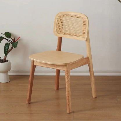 Traditional Japanese Square Rubberwood Nappa Leather Faux Rattan Weaving Dining Chair Backrest Armless For Dining Room & Kitchen