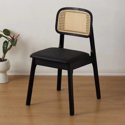 Traditional Japanese Square Rubberwood Nappa Leather Faux Rattan Weaving Dining Chair Backrest Armless For Dining Room & Kitchen