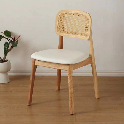 Traditional Japanese Square Rubberwood Nappa Leather Faux Rattan Weaving Dining Chair Backrest Armless For Dining Room & Kitchen