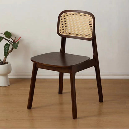 Traditional Japanese Square Rubberwood Nappa Leather Faux Rattan Weaving Dining Chair Backrest Armless For Dining Room & Kitchen