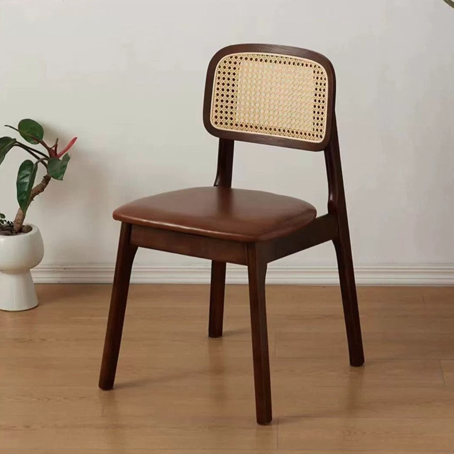 Traditional Japanese Square Rubberwood Nappa Leather Faux Rattan Weaving Dining Chair Backrest Armless For Dining Room & Kitchen