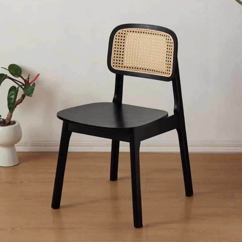 Traditional Japanese Square Rubberwood Nappa Leather Faux Rattan Weaving Dining Chair Backrest Armless For Dining Room & Kitchen