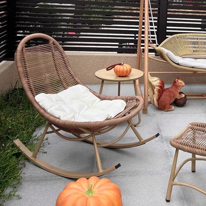 Modern Minimalist Ellipse PE Rattan Iron Cotton-linen Weaving Rocking Chair Backrest Armless For Living Room