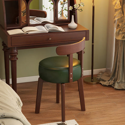 Contemporary Retro Round Oil Wax Leather Rubberwood 360°Swivel Vanity Stool Backrest Armless For Bedroom