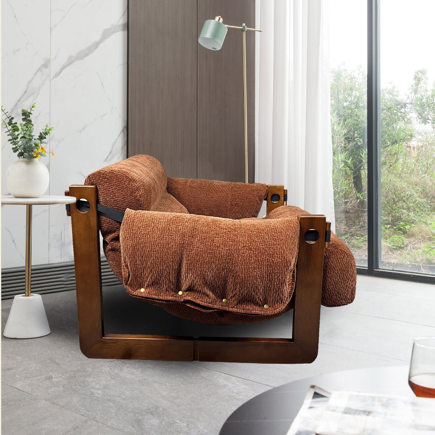 Contemporary Retro Square Rectangular Ash Wood Chenille Removable Accent Chair Backrest Armrest For Living Room