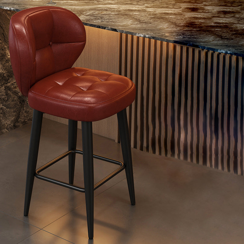 Contemporary Retro Square Oil Wax Leather Carbon Steel 360°Swivel Bar Stool Backrest Armless For Dining Room & Kitchen
