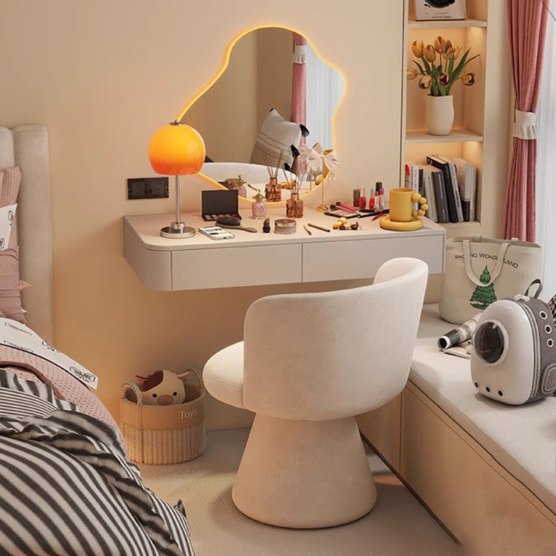 Contemporary Nordic Round Chenille Solid Wood 360°Swivel Vanity Stool Backrest Armless For Bedroom
