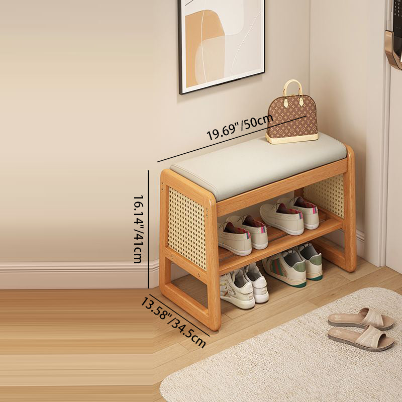 Modern Minimalist Rectangular PU Leather Solid Wood Plastic Rattan Weaving Shoe Bench 2-Tier For Entryways