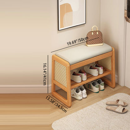 Modern Minimalist Rectangular PU Leather Solid Wood Plastic Rattan Weaving Shoe Bench 2-Tier For Entryways
