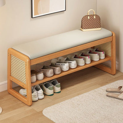 Modern Minimalist Rectangular PU Leather Solid Wood Plastic Rattan Weaving Shoe Bench 2-Tier For Entryways