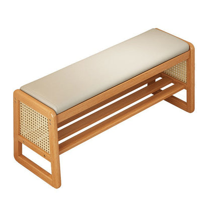 Modern Minimalist Rectangular PU Leather Solid Wood Plastic Rattan Weaving Shoe Bench 2-Tier For Entryways