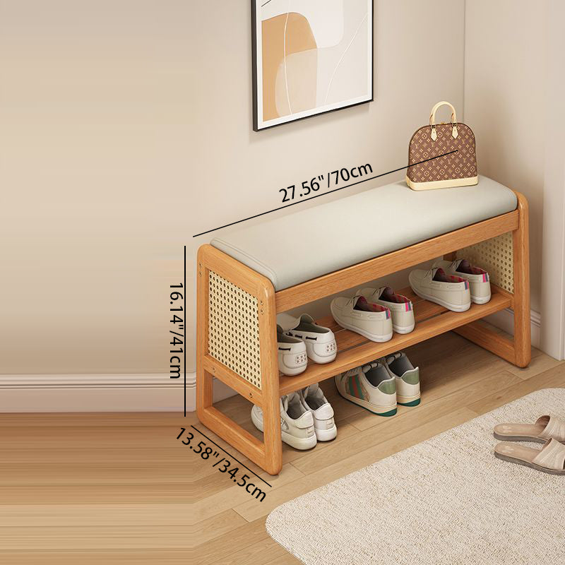 Modern Minimalist Rectangular PU Leather Solid Wood Plastic Rattan Weaving Shoe Bench 2-Tier For Entryways