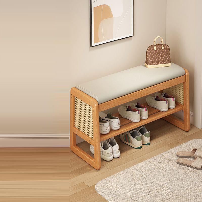 Modern Minimalist Rectangular PU Leather Solid Wood Plastic Rattan Weaving Shoe Bench 2-Tier For Entryways