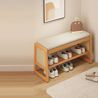 Modern Minimalist Rectangular PU Leather Solid Wood Plastic Rattan Weaving Shoe Bench 2-Tier For Entryways