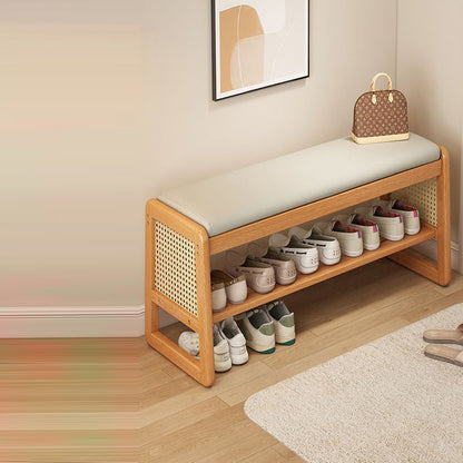 Modern Minimalist Rectangular PU Leather Solid Wood Plastic Rattan Weaving Shoe Bench 2-Tier For Entryways