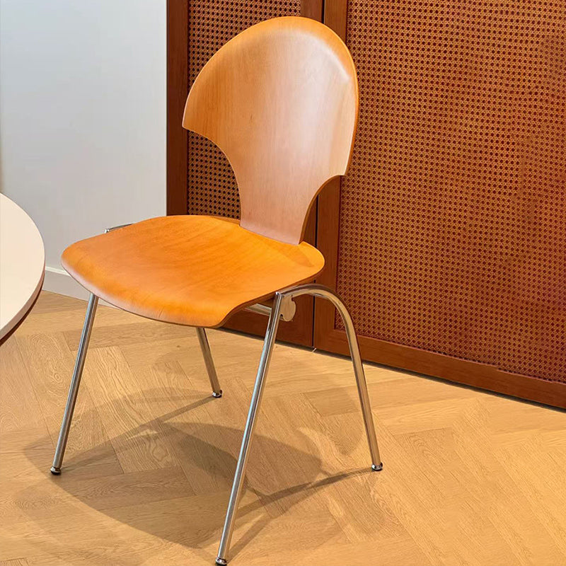 Contemporary Retro Square Ginkgo-shaped Beech Wood Iron Stackable Dining Chair Backrest Armless For Dining Room & Kitchen