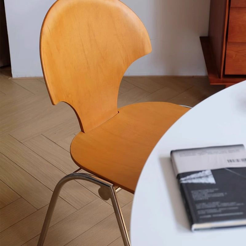 Contemporary Retro Square Ginkgo-shaped Beech Wood Iron Stackable Dining Chair Backrest Armless For Dining Room & Kitchen