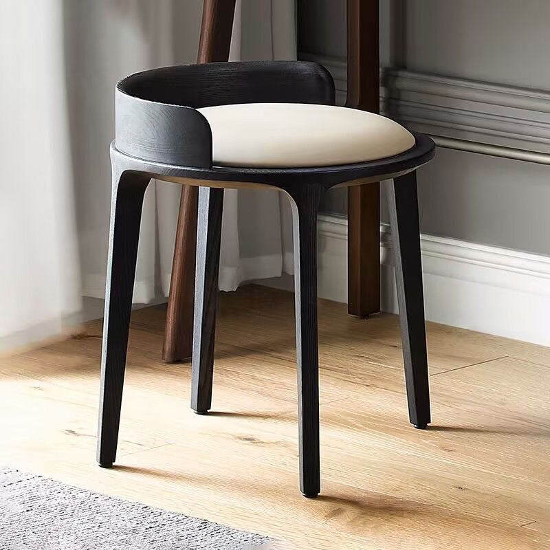 Modern Minimalist Round Faux Nappa Leather Rubberwood Low Stool For Living Room