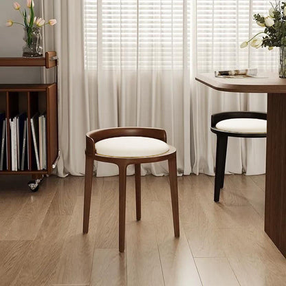 Modern Minimalist Round Faux Nappa Leather Rubberwood Low Stool For Living Room