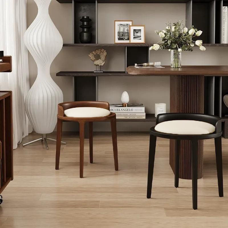 Modern Minimalist Round Faux Nappa Leather Rubberwood Low Stool For Living Room