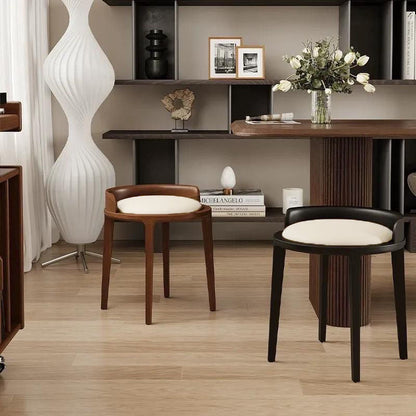 Modern Minimalist Round Faux Nappa Leather Rubberwood Low Stool For Living Room