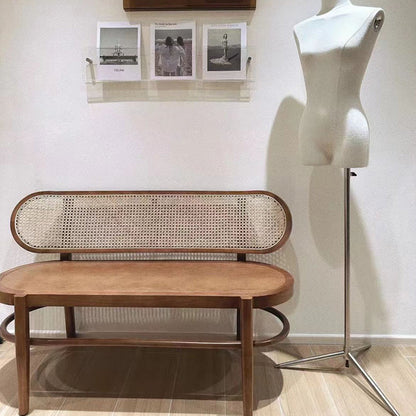 Contemporary Retro Rectangular Ash Wood Indonesian Rattan Bench For Entryway