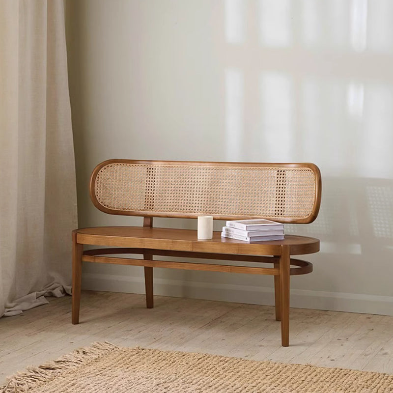 Contemporary Retro Rectangular Ash Wood Indonesian Rattan Bench For Entryway