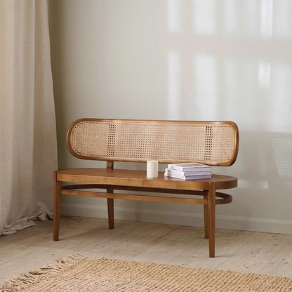 Contemporary Retro Rectangular Ash Wood Indonesian Rattan Bench For Entryway