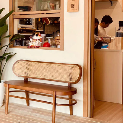 Contemporary Retro Rectangular Ash Wood Indonesian Rattan Bench For Entryway